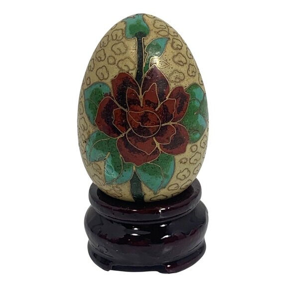 VTG Chinese Cloisonne Floral Enameled Egg Ornament Easter Gold Filigree + Base - Picture 1 of 9